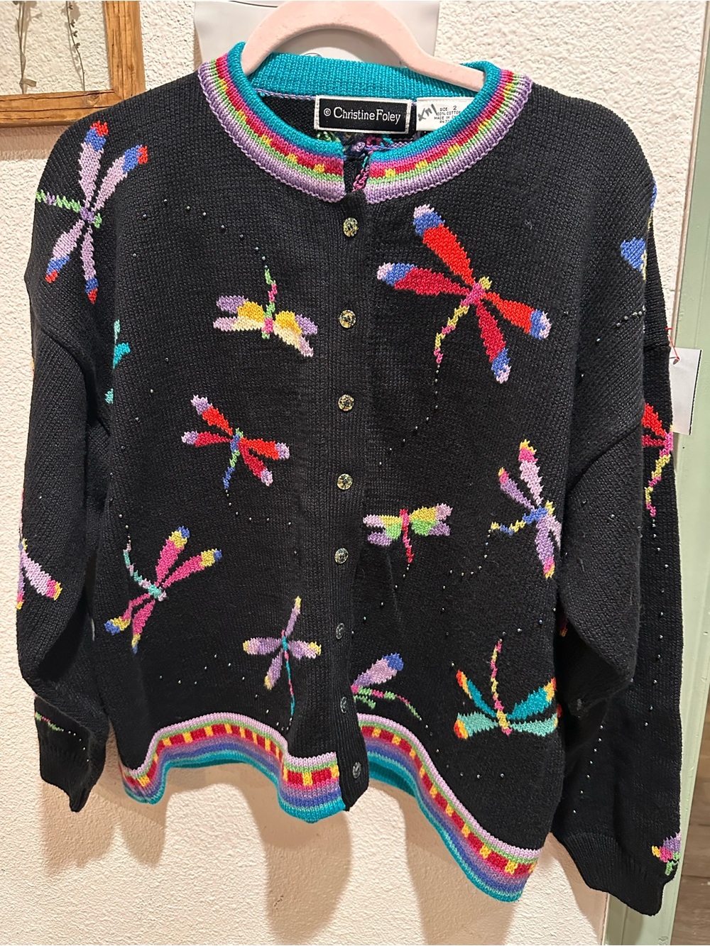 Christine Foley Black Dragonfly Intarsia Button-Front Cardigan